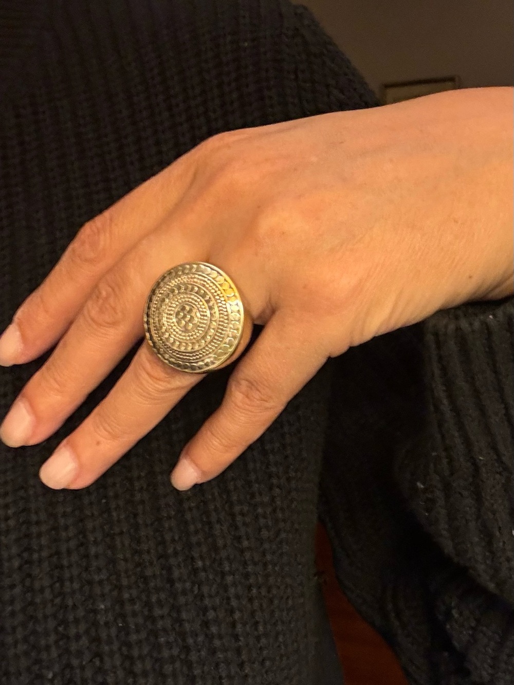Round Silver-Tone Textured Statement Ring